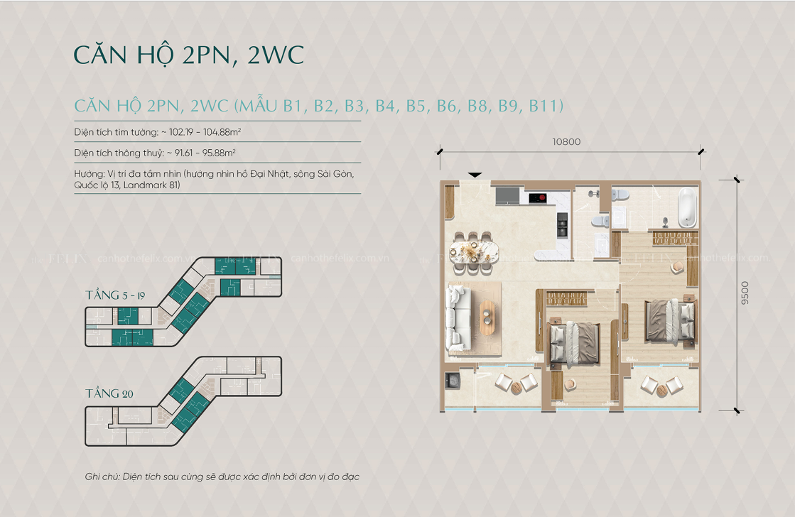Mặt Bằng Căn Hộ Diamond Sky Căn 2pn 2wc