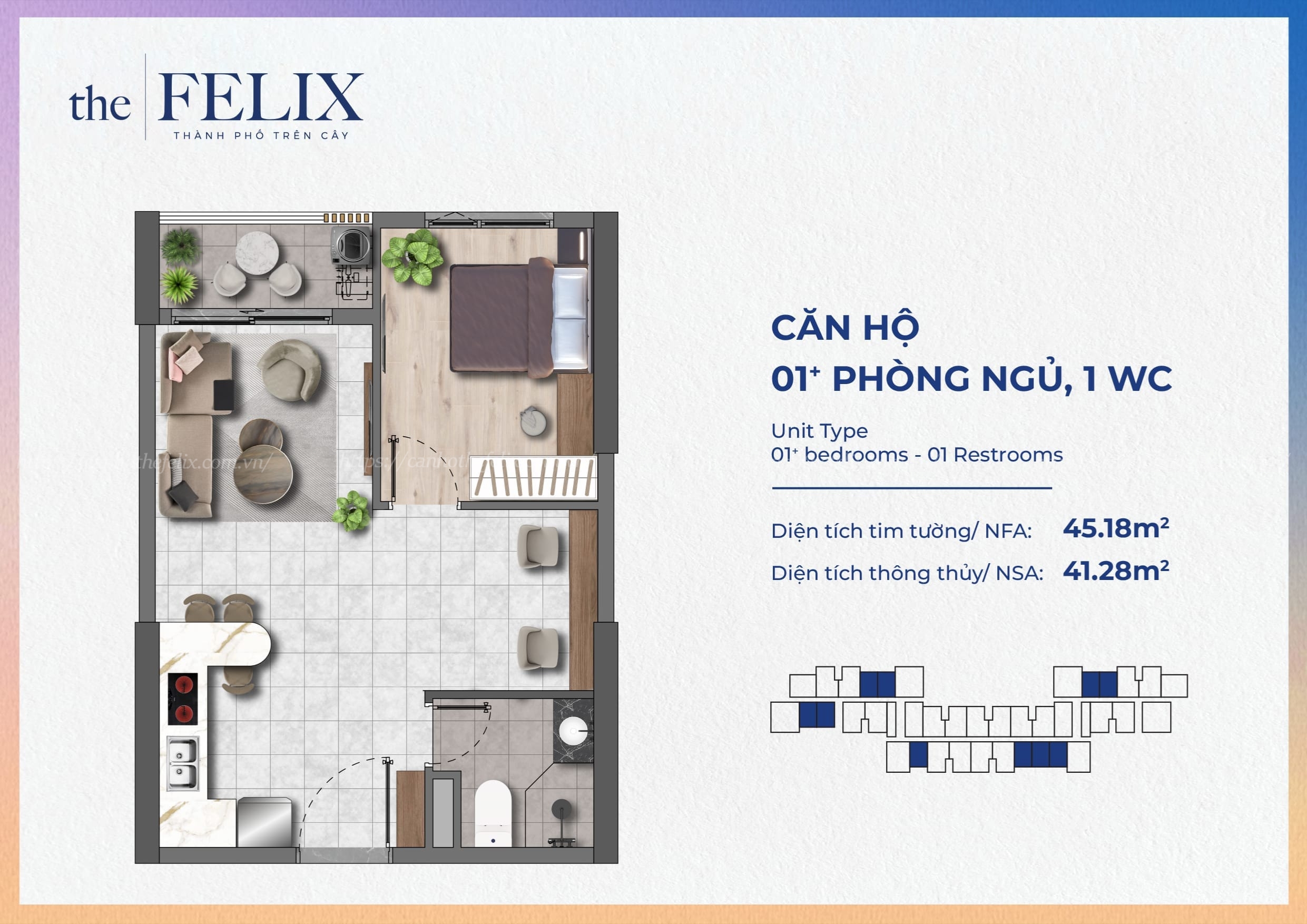 Mặt Bằng Căn Hộ The Felix Thuận An Loại 1pn+1wc - 45.18m