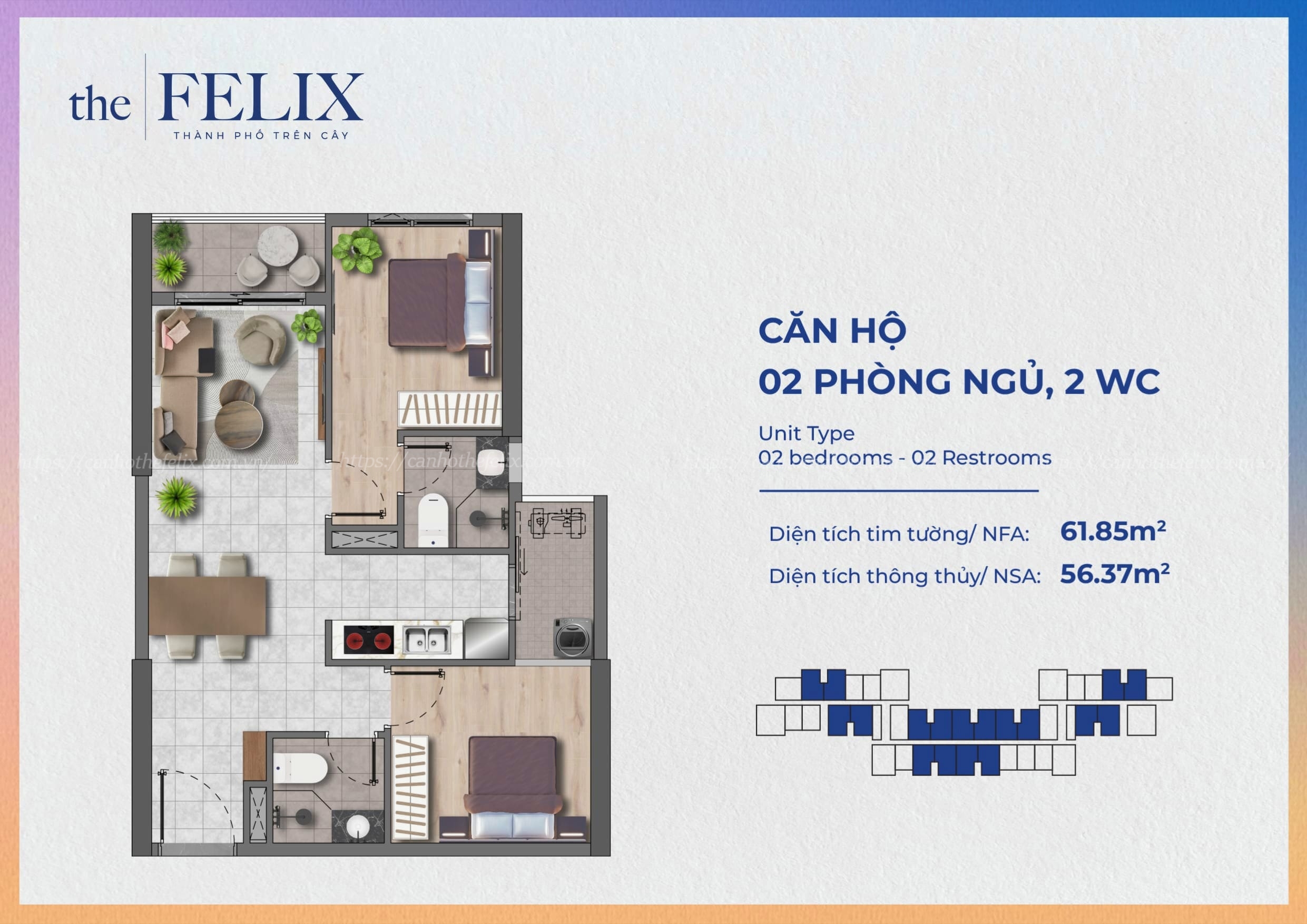 Mặt Bằng Căn Hộ The Felix Thuận An Loại 2pn2wc - 61.85m