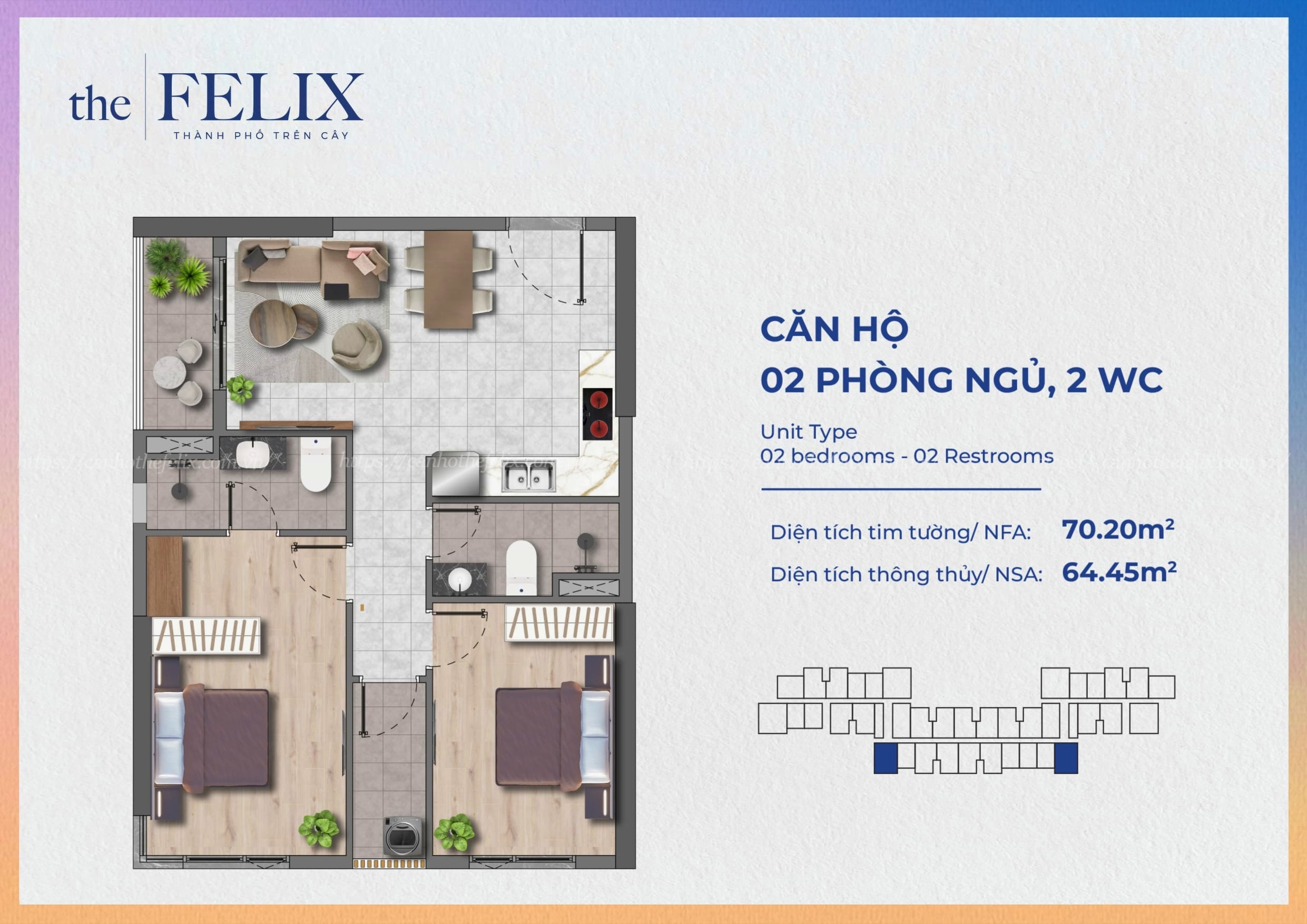 Mặt Bằng Căn Hộ The Felix Thuận An Loại 2pn2wc - 70.20m