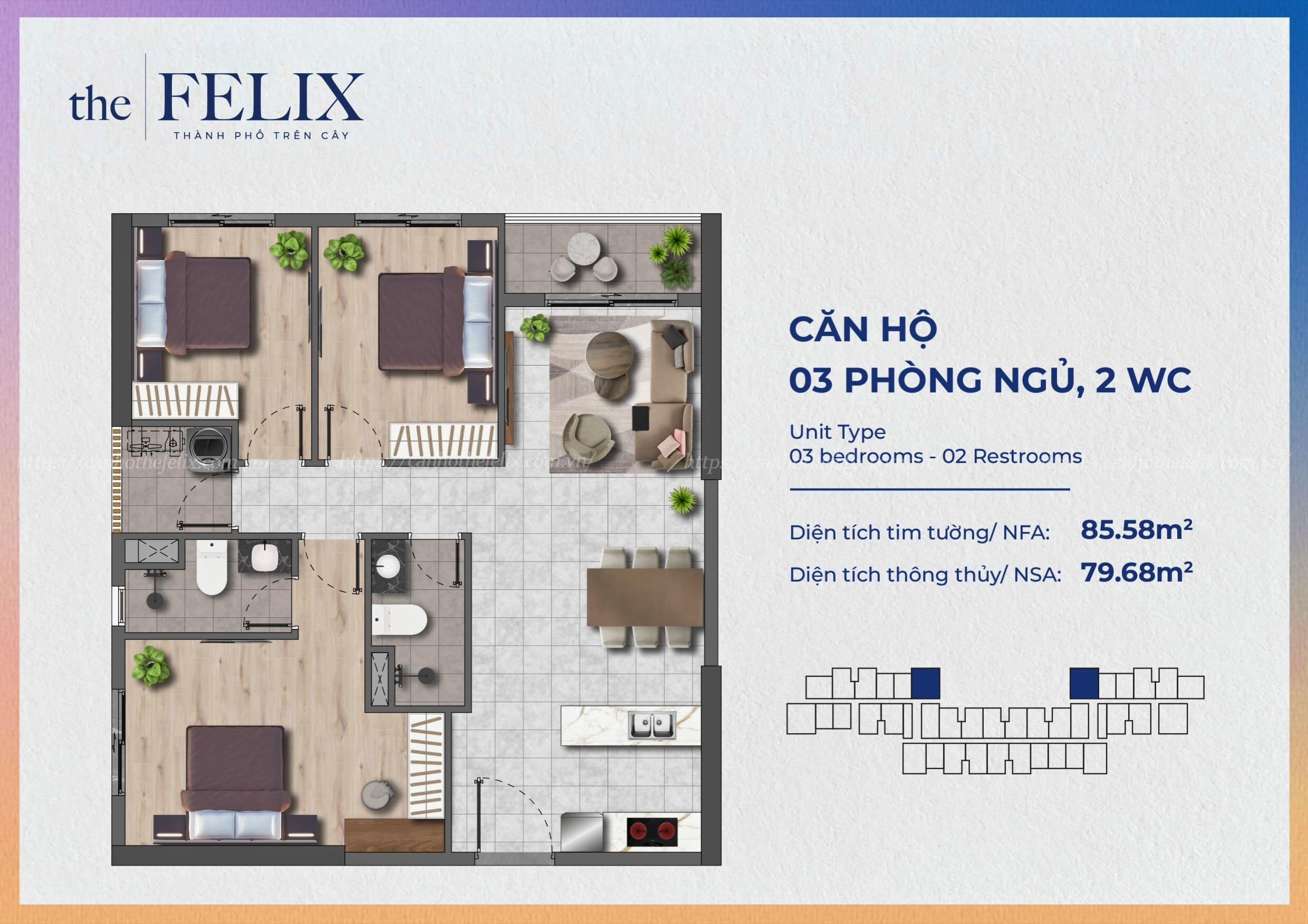 Mặt Bằng Căn Hộ The Felix Thuận An Loại 3pn2wc - 85.58m